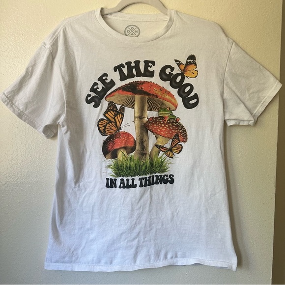 White Graphic Tee with Mushroom and Butterfly Design - Picture 1 of 7